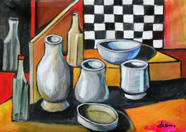 Natura morta con scacchiera, 2012.  Olio su tela,  cm. 70 x 50.