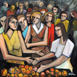Folla al mercato, 2012. Olio su tela,  cm. 70 x 70.