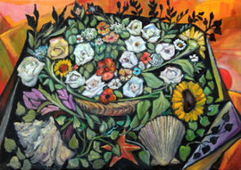 Fiori con conchiglie, 2011.  Olio su tela,  cm. 50 x 70.