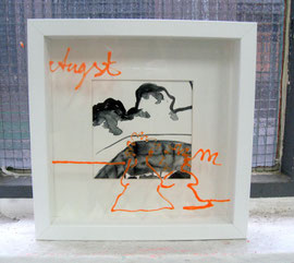 >>o. T.<<, Ink, Glass Color and Paper on glass, in glass, Frame 25 x 25 cm, 2013