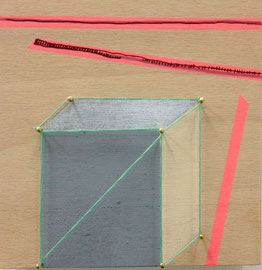 >>o.T.<<, Spray and Tape on Wood, Nails and Yarn, 15 x 15 cm, 2015