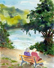 Bank am Schlachtensee, Aquarell, 24x32, 2011