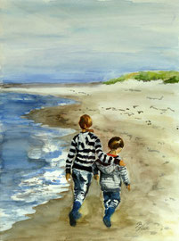 Kinder am Strand von Ahrenshoop, Aquarell, 30x40, 2010