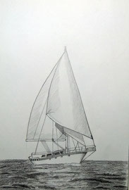 Segelboot      Bleistiftzeichnung 30cm x 19cm       Zeichenpapier  