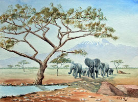 Elephanten unter dem Kilimandscharo Aquarell  32cm x 24cm  Aquarellpapier  250  gr/qm                 in Privatbesitz