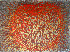 KOSMOS,Apfel in Rot -Gold, Bleistift mit Acryl auf Papier  100x70                    COSMOS,빨강과 금색의 사과, 종이에 연필과 아크릴 100x70