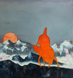 TING ZHANG    ORANGER REITER    ÖL AUF LEINWAND  2018    140 X 130 CM