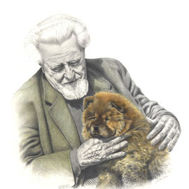 Konrad Lorenz con il suo chow chow - 35x50 - matita nera e pastello