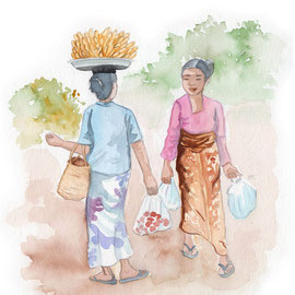 Carnet de voyage aquarelle, Indonésie Bali femmes