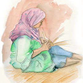 Carnet de voyage aquarelle,  Indonésie tissage