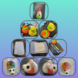 Gefilzte WERKE von Kindern: Wichtel, Hamster, Igel, Kalenderhülle, Obstdosen, Stifthüllen