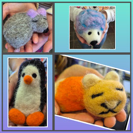 Maus, Igel, Pinguin und Meerschweinchen gefilzt von 3 Kindern (7-9) & einer Mama 
