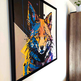 Foto der Kundin von der jetzt Zuhause aufgehängten Auftragskunst. Das Acrylbild zeigt ein Fuchsporträt in bunten Farben.