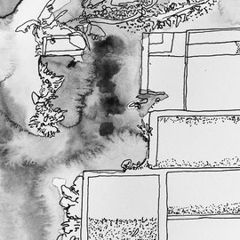 Yardless home IV (new construction home with pool and almost no yard), 2018, ink on paper, 5.5 x 8 inches