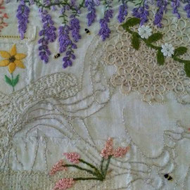 Flower Fairy Loves Bees, reclaimed fabric, stitching