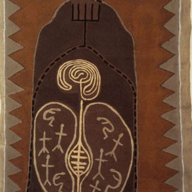 HELFER FÜR DIE MÄCHTIGEN IIIII, 1990, Asche, Kalk, Ruß, Papierpappe/Gaze, 100x140