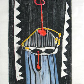 Zu:Selbst mit Dämonen, 1995, Holzschnitt coloriert auf Seidenpapier