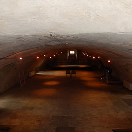 Aus der Eingangshalle gelangt man über eine breite Treppe in den Keller, der sich mit seiner Bühne besonders für kulturelle Veranstaltungen eignet.