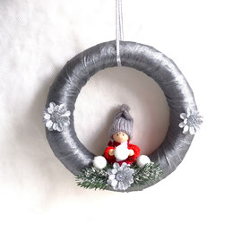 Tür-/Wandkranz silber-grau mit Weihnachtspüppchen
