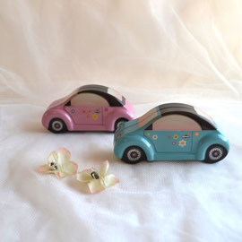 kleine Autos Blechdose, Kugelblitz mit Blumen hellblau, Rosa