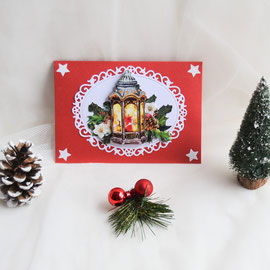 Geschenkkuvert Weihnachten (12) Kuvert rot-weiß-bunt Laterne braun-grün