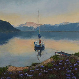 BOAT MOORED / ACRYLIC ON CANVAS / 50X40 CM / CH 1600.-