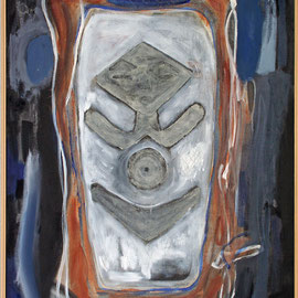 Titel Nr.4: Große Türmaske Entstehungsjahr: 1996 Breite: 95 cm, Höhe: 100 cm Acryl, Pigmente Quarzsand auf Leinen