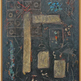 Titel Nr.6: Voodoo Entstehungsjahr: 1996 Breite: 70 cm, Höhe: 90 cm Acryl, Lava, Keramik, Quarzsand auf Leinen