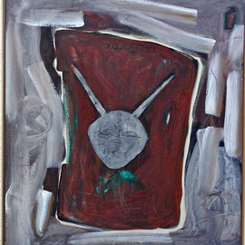 Titel Nr.5: Türmaske Entstehungsjahr: 1996 Breite: 90 cm, Höhe: 100 cm Acryl, Pigmente Quarzsand auf Leinen