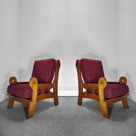 Beigian Brutalist oak Armchairs, Hand-carved Craftsmanship With Violet Chanel Tweed, c.1970s PN.Modern pnmodern.com