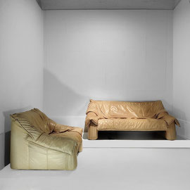 Salotti Natuzzi Postmodern Lounge Chair, Two-Seater Sofa in Beige Leather, Italy, c.1980 - PN.Modern pnmodern.com