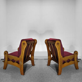 Beigian Brutalist oak Armchairs, Hand-carved Craftsmanship With Violet Chanel Tweed, c.1970s PN.Modern pnmodern.com