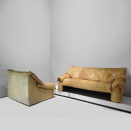 Salotti Natuzzi Postmodern Lounge Chair, Two-Seater Sofa in Beige Leather, Italy, c.1980 PN.Modern pnmodern.com