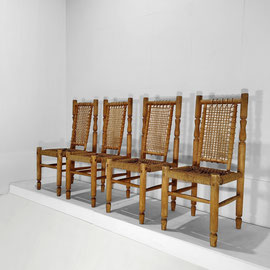 Adrien Audoux & Frida Minnet Set of Four Handcrafted Carved Bentwood and Rope Dining Chairs, France 1940s PN.Modern pnmodern.com