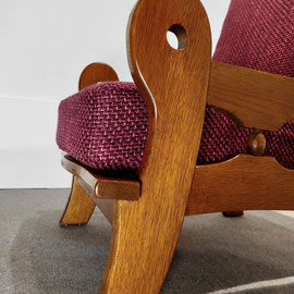 Belgian Brutalist Oak Armchairs, Hand-carved Craftsmanship With Violet Chanel Tweed, c.1970s PN.Modern pnmodern.com