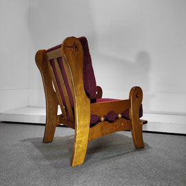 Belgian Brutalist Oak Armchairs, Hand-carved Craftsmanship With Violet Chanel Tweed, c.1970s PN.Modern pnmodern.com