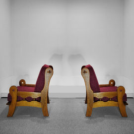 Beigian Brutalist oak Armchairs, Hand-carved Craftsmanship With Violet Chanel Tweed, c.1970s PN.Modern pnmodern.com