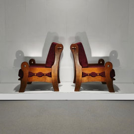 Beigian Brutalist oak Armchairs, Hand-carved Craftsmanship With Violet Chanel Tweed, c.1970s PN.Modern pnmodern.com