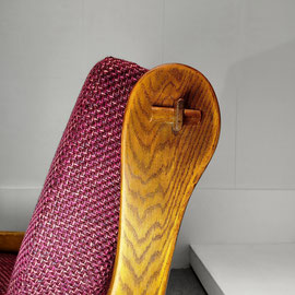 Belgian Brutalist Oak Armchairs, Hand-carved Craftsmanship With Violet Chanel Tweed, c.1970s PN.Modern pnmodern.com