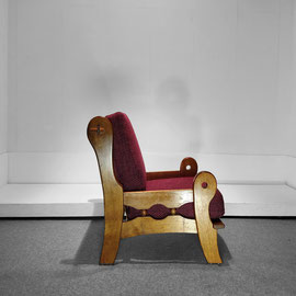 Belgian Brutalist Oak Armchairs, Hand-carved Craftsmanship With Violet Chanel Tweed, c.1970s PN.Modern pnmodern.com