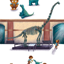 Verschiedene Szenen, Kind und Dinosaurier, Bilderbuch-Illustration Anka Schwelgin 2022 (Auszug Exposé "Der Recyclosaurus")