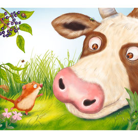 Winzige Haselmaus trifft auf riesige Kuh! (Bilderbuch "Oh Schreck! Wer hat sich hier versteckt?"  2022 ellermann, Autorin: Jule Ambach, Illustrationen: Anka Schwelgin)