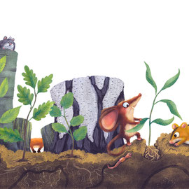 Illustrierte Doppelseite (drei kleine Mäuse pflanzen Bäume) aus dem Bilderbuch "Ich habe einen Traum sagte die kleine Waldmaus", Oetinger-Verlag 2023, Text und Illustration Anka Schwelgin