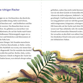 Illustrierte Doppelseite (Wanderameise und fliehende Insekten) aus dem Vorlesebuch "Ist es noch weit? Fünf Tiere gehen auf Wanderschaft"  2023 ellermann, Autorin: Verena Linde, Illustrationen: Anka Schwelgin