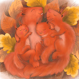 Eichhörnchen kuscheln sich im Kobel zusammen. "Waldige Weihnachten", Autorin Anne Scheller, Illustrationen Anka Schwelgin, Lingen-Verlag 2021, digitale Illustration