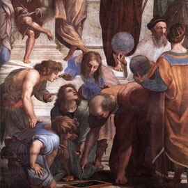 Euclide avec un compas dans "l'Ecole d'Athène de 'Stanze di Raffaello' au Museus Vaticans.