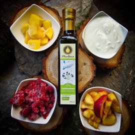 Fruchtjoghurt, Fruchteis mit Leinöl