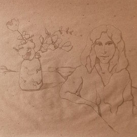 “Luisa e i fiori”, tecnica mista su carta da pacco, cm. 34,5 x 49 – € 300