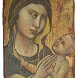 “Piccola Madonna” - tecnica mista su tavola con procedimento antichizzante cm. 13,7 x 8,7 – Cernusco sul Naviglio, collezione privata