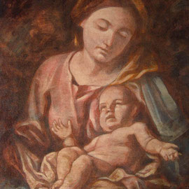 “Madonna col Bambino” (da autore ignoto XVIII secolo, Prepositurale Santa Maria Assunta, Cernusco sul Naviglio) - tecnica mista su cartone telato - Cernusco sul Naviglio, collezione privata